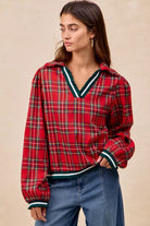 BiBi Christmas Plaid Collared Top with Ruffled Detail