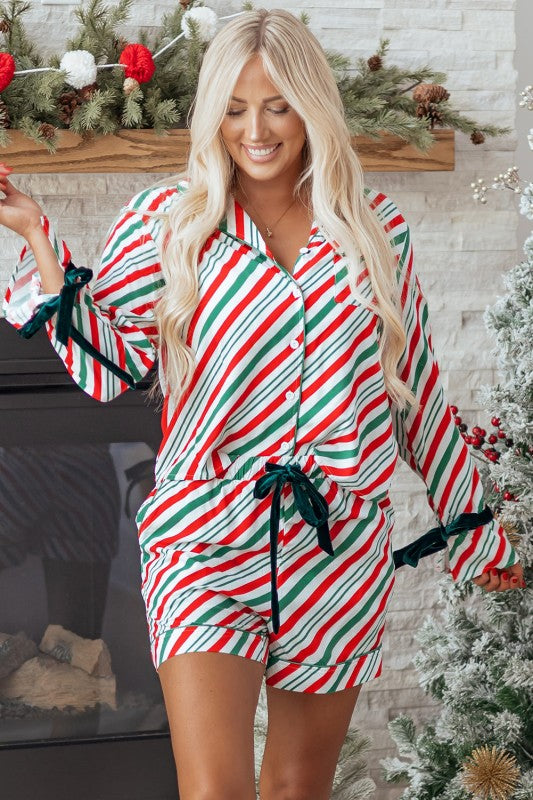 Christmas Stripe Velvet Bow Pajama Set