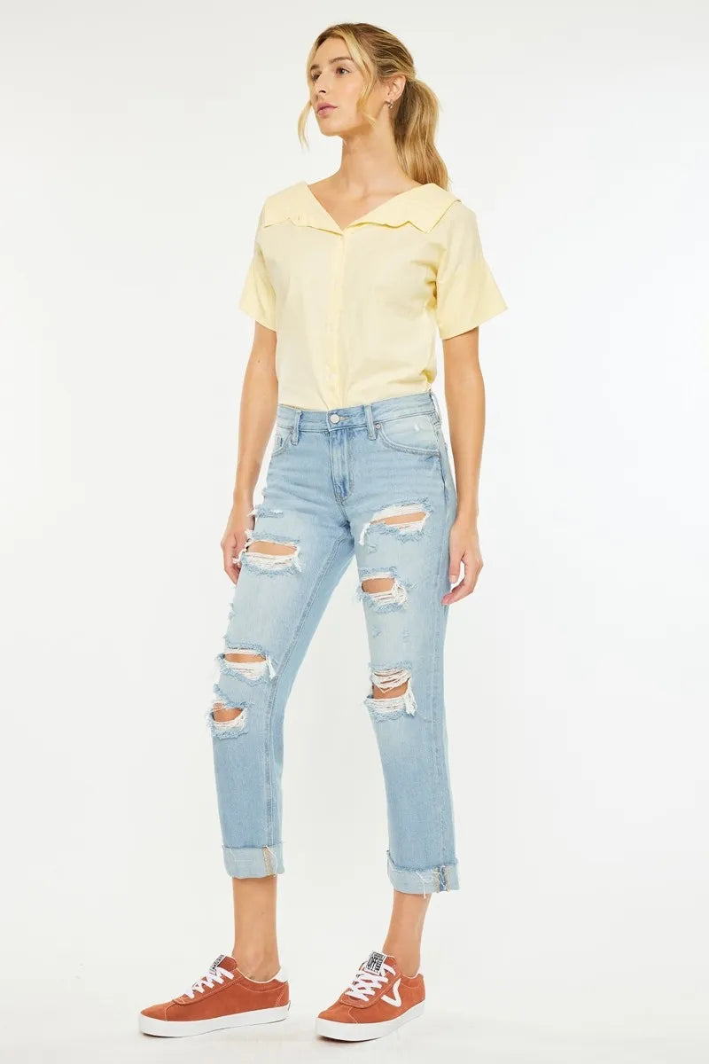 Mid Rise Distressed Boyfriend Jeans