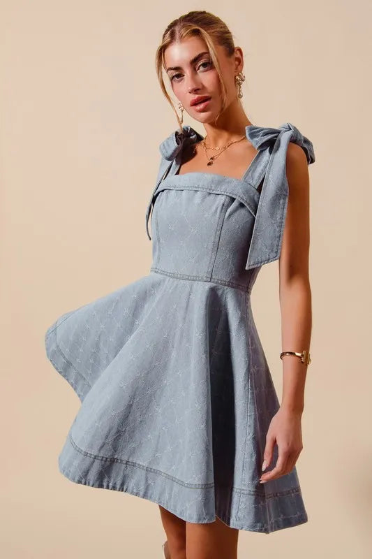 Fit and Flare Diamond Bow Ribbon Denim Dress