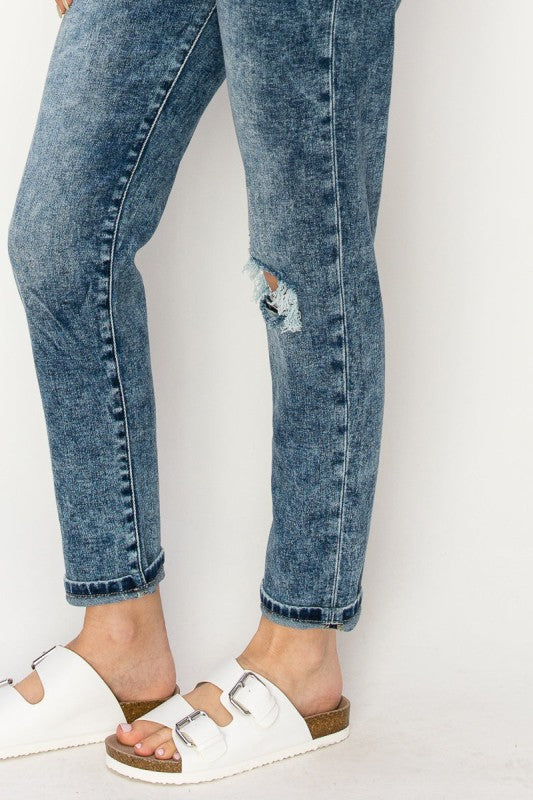 High Rise Stretch Distressed Mom Jeans