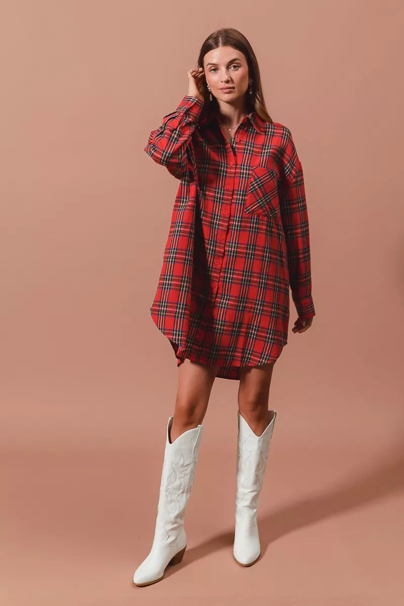 Christmas Plaid Button Up Shirt Dress