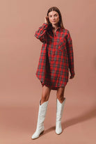 Christmas Plaid Button Up Shirt Dress