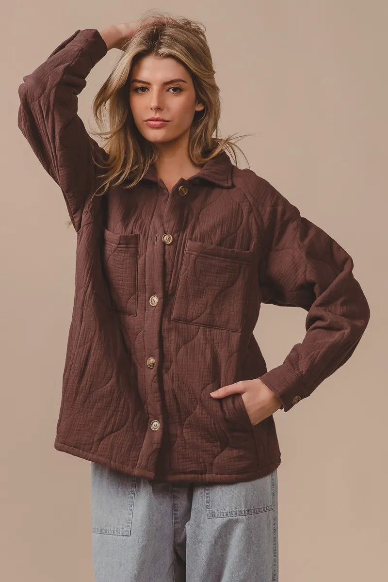 BiBi Quilted Wrinkle Gauze Long Sleeve Shacket