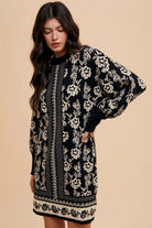 Floral Jacquard Round Neck Sweater Dress