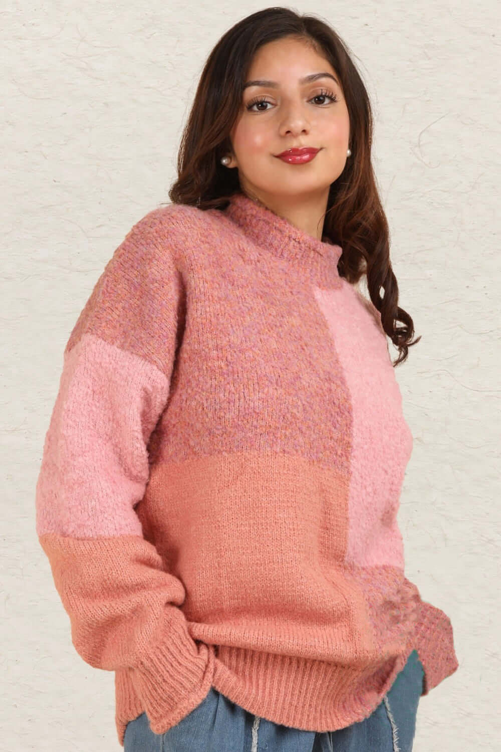 Color Block Mock Neck Sweater