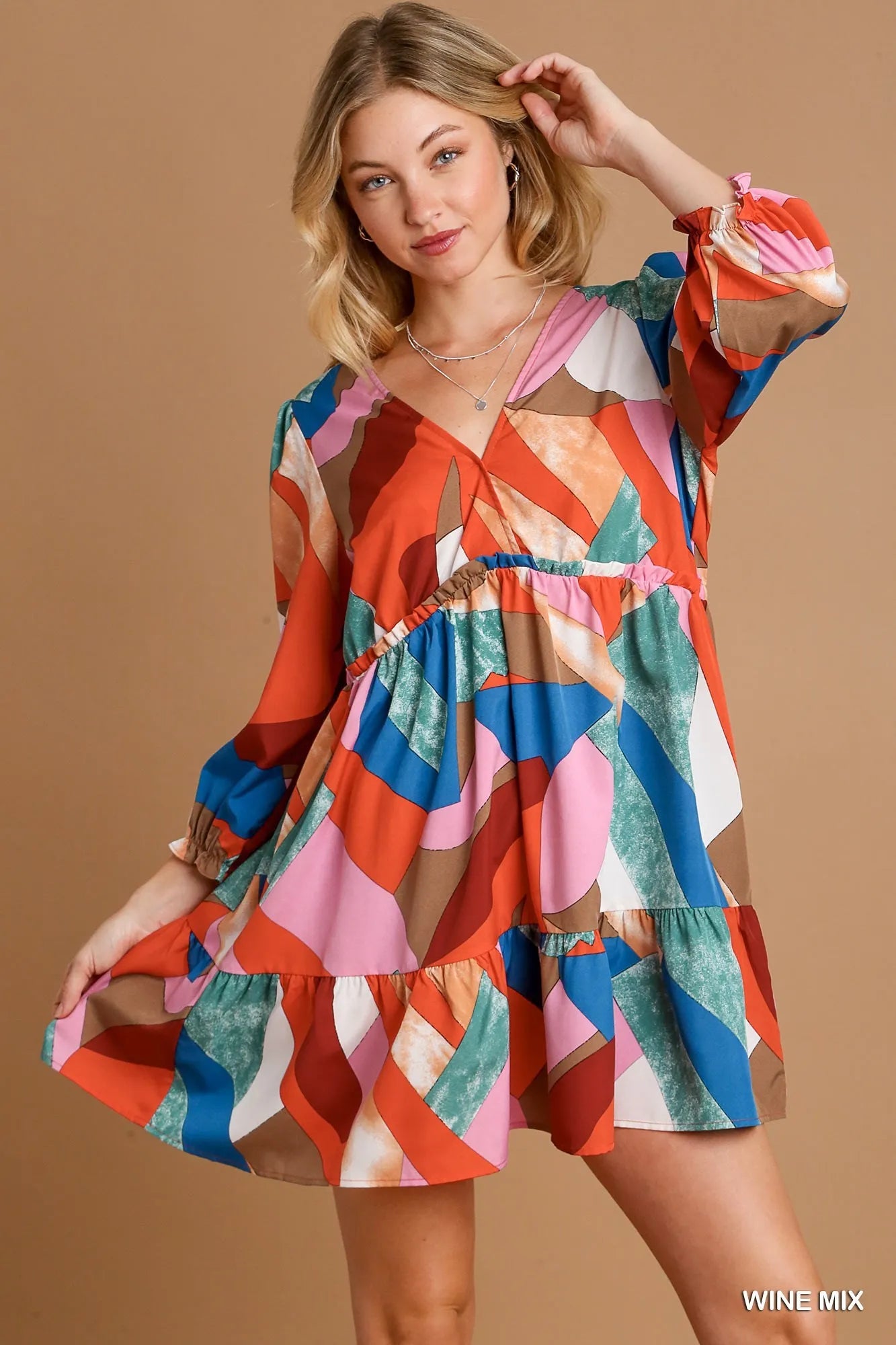 Abstract V-Neck Tiered Printed Dress