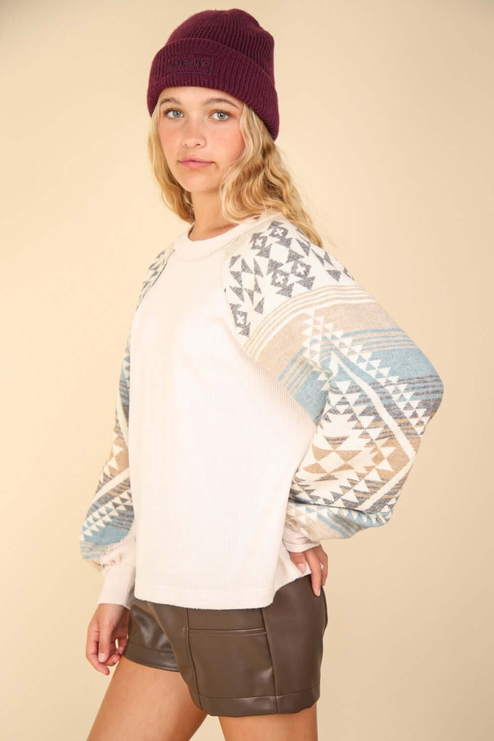 Printed Long Sleeve Round Neck Knit Top