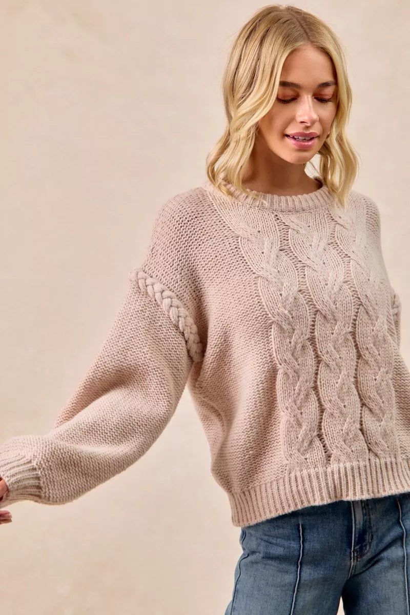 Cable Knit Sweater with Shoulder Braid Detail