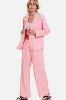 Zenana Button Down Long Sleeve Top and Pants Lounge Set