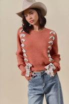 Plaid Tape Lace Up Ribbed Sweater