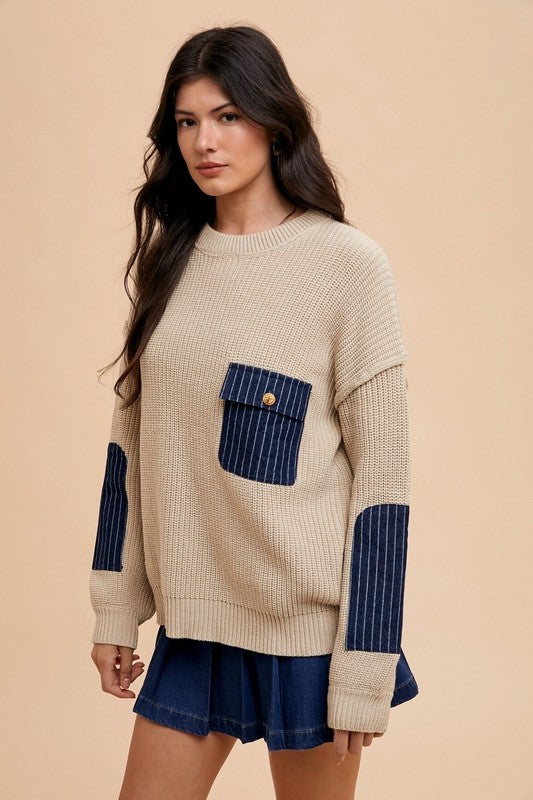 Contrast Round Neck Drop Shoulder Sweater