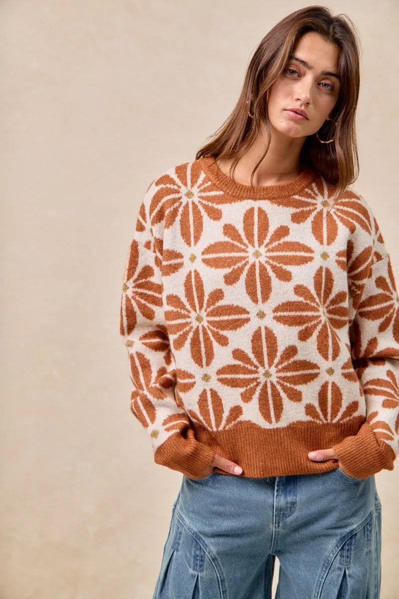 Flower Pattern Long Sleeve Sweater
