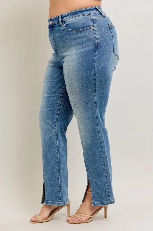 High Waist Front Seam & Slit Straight Jeans