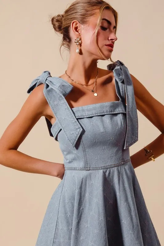 Fit and Flare Diamond Bow Ribbon Denim Dress