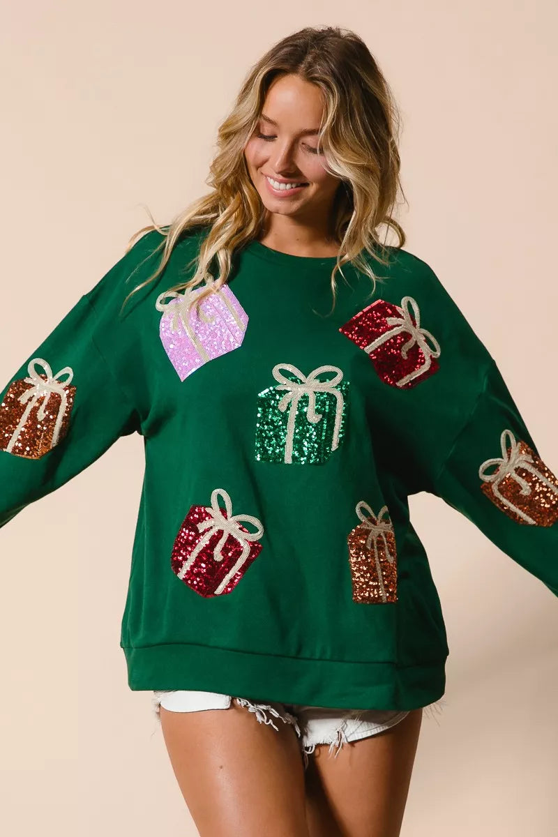 Sequin Christmas Gift Box Sweater