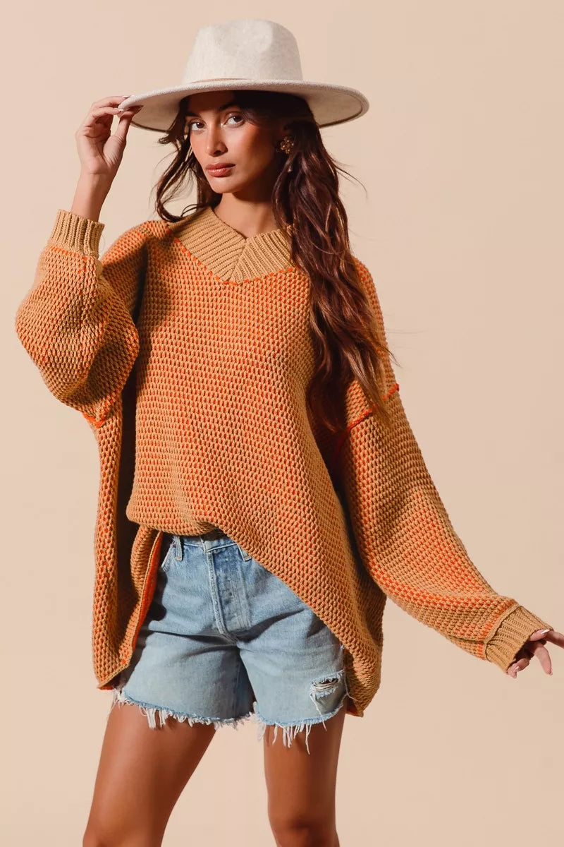 SO ME Oversized Two Tone Textured V Neck Sweater