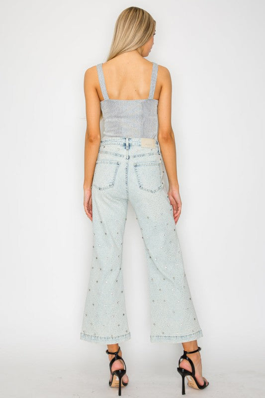 Jewel Embellished High Rise Cropped Palazzo Jeans