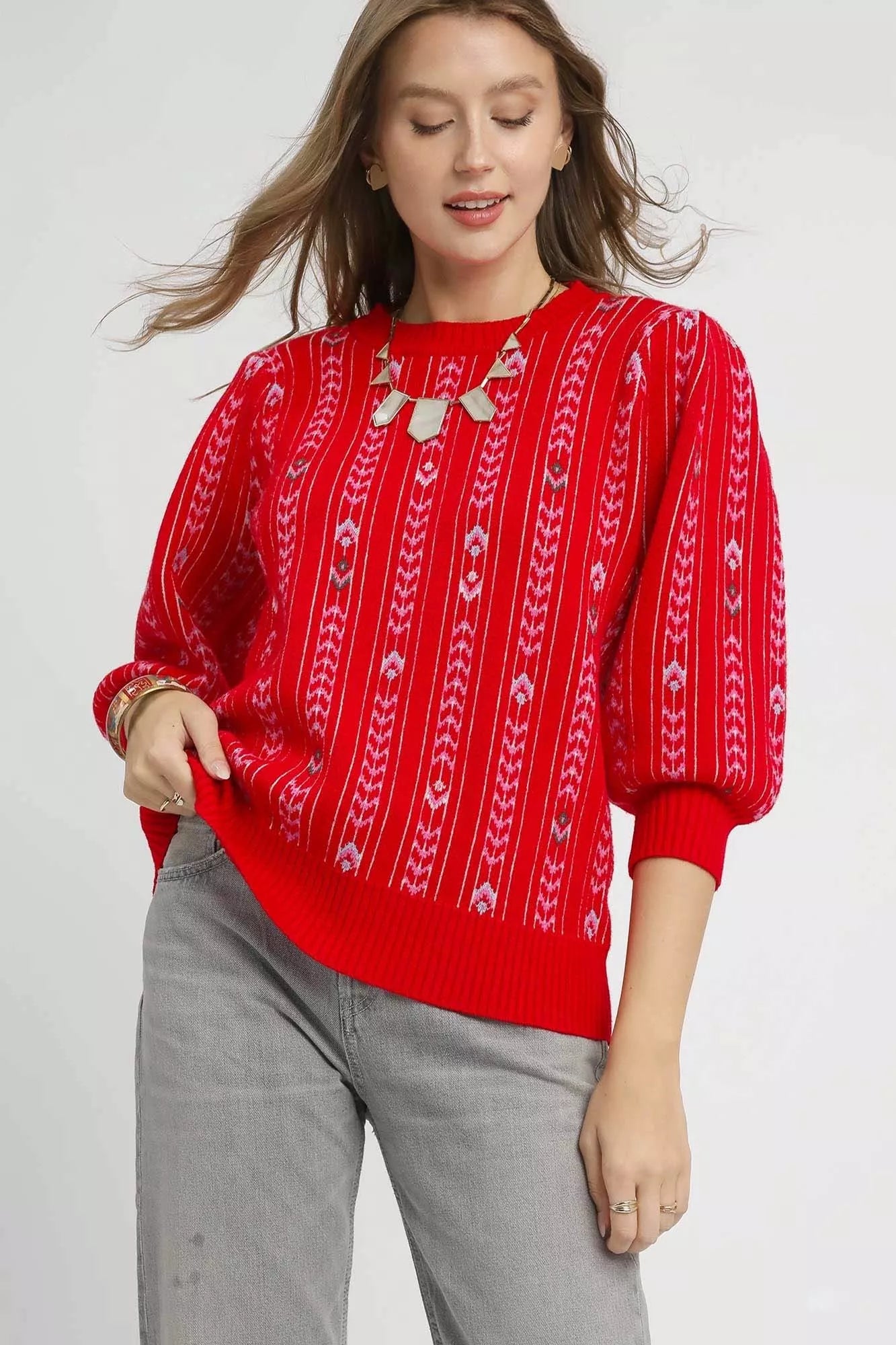 Jacquard Knit Puff Sleeve Sweater