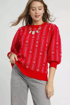 Jacquard Knit Puff Sleeve Sweater