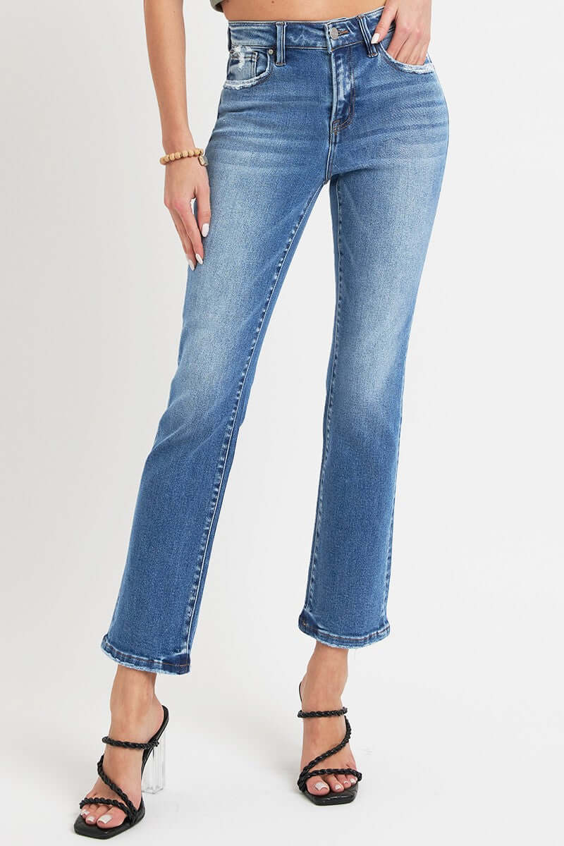 Mid Rise Ankle Straight Jeans with Pockets