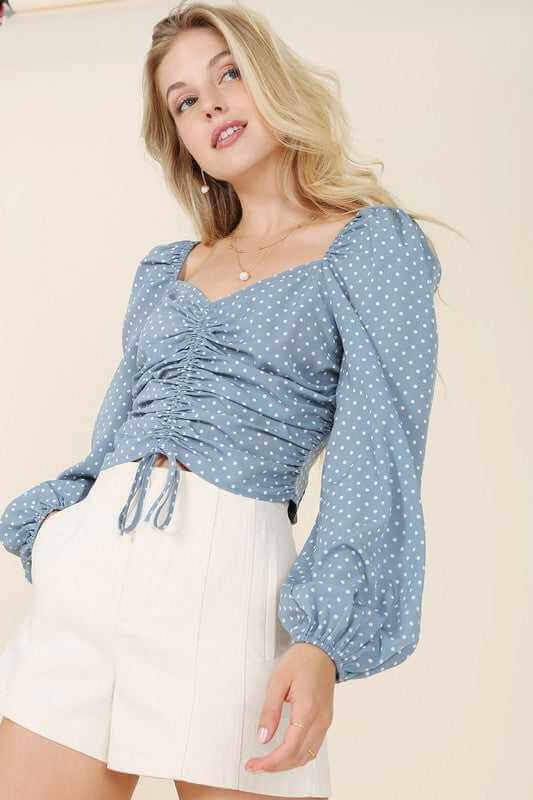 Ruched Polka Dot Crop Top With Puff Sleeves