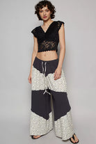 Contrast Floral Drawstring Wide Leg Pants