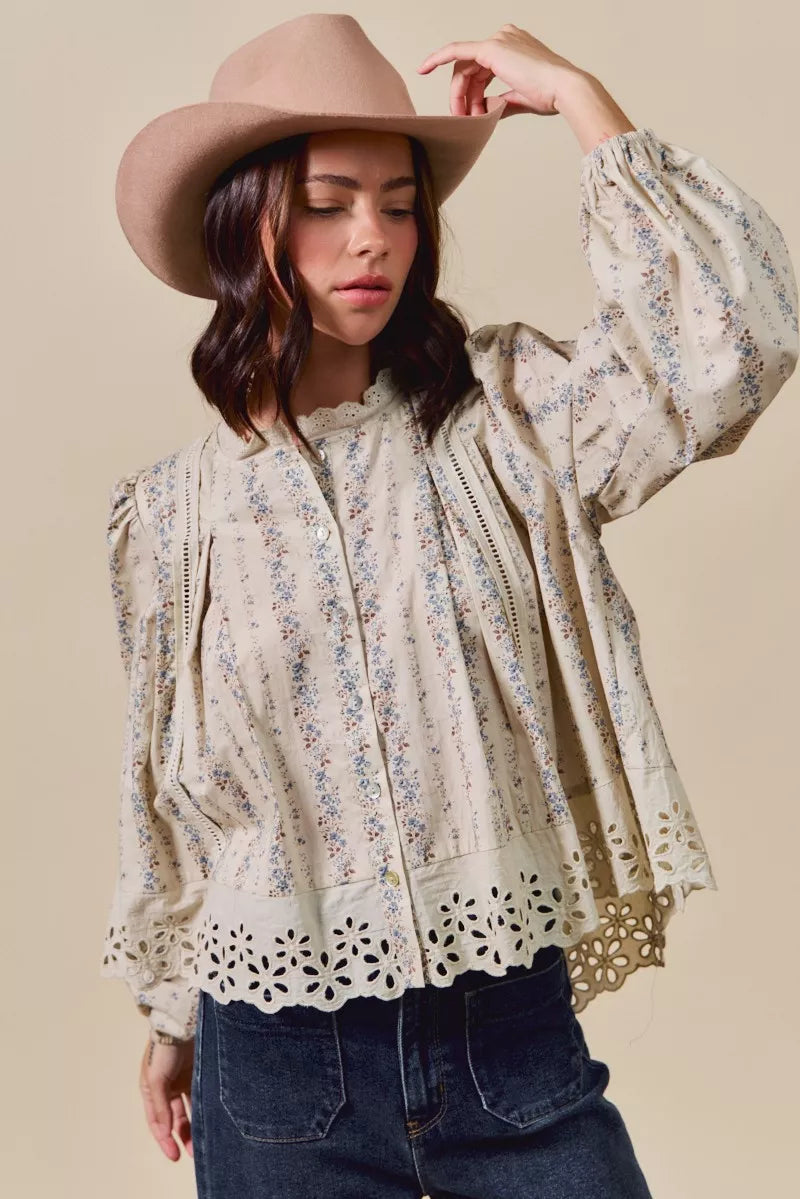 Floral Print Lace Button Down Shirt