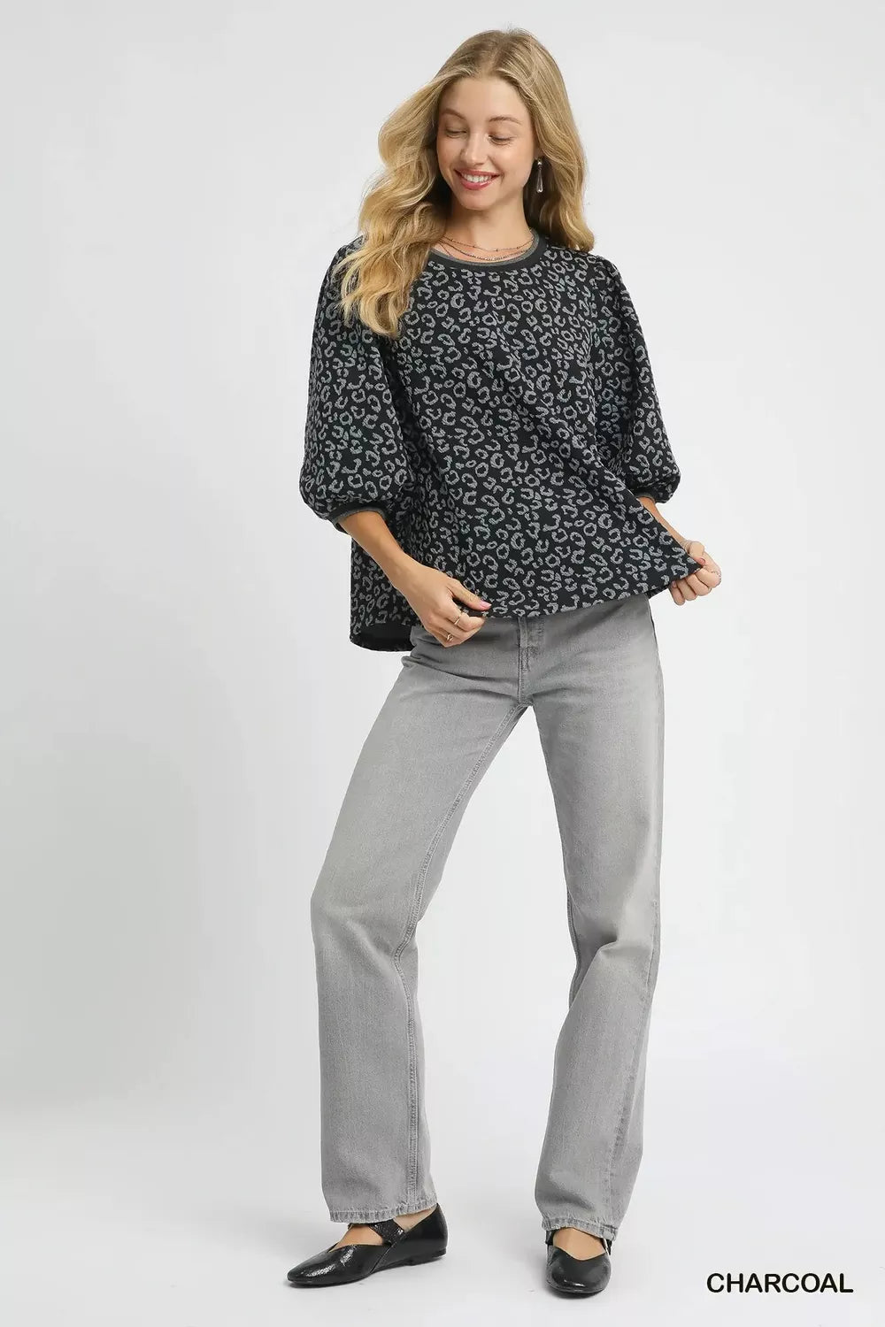 Leopard Print Jacquard Blouse with Puff Sleeves