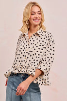 Polka Dot Peplum Top with Front Button