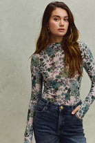 SO ME Floral Print Mesh Knit Long Sleeves Top