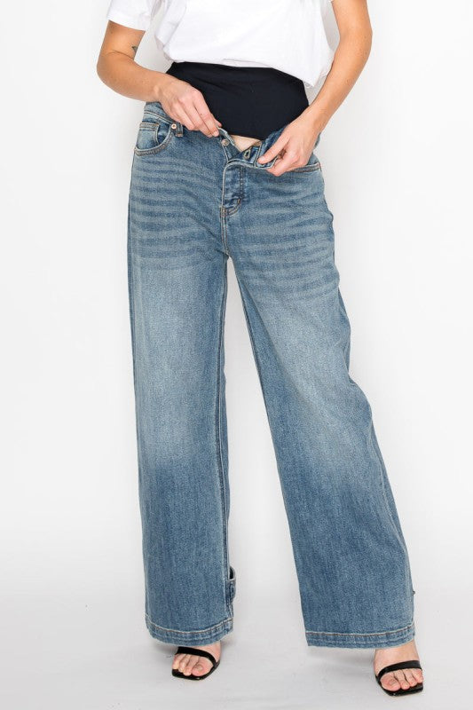 Adjustable Hem Knit Band Wide Leg Jeans