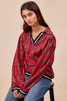 BiBi Christmas Plaid Collared Top with Ruffled Detail