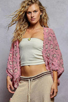Openwork Chenille Cardigan with Contrast Floral