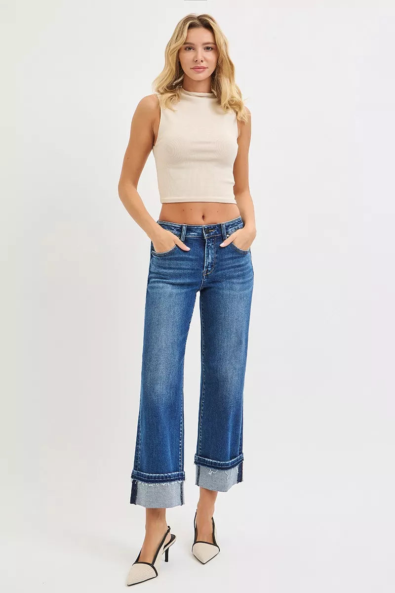 RISEN Mid Rise Ankle Straight Jeans with Cuffed Hem