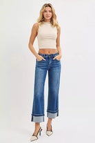 RISEN Mid Rise Ankle Straight Jeans with Cuffed Hem