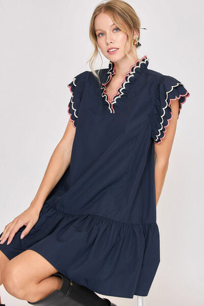 Ruffled Scalloped Sleeved Dress