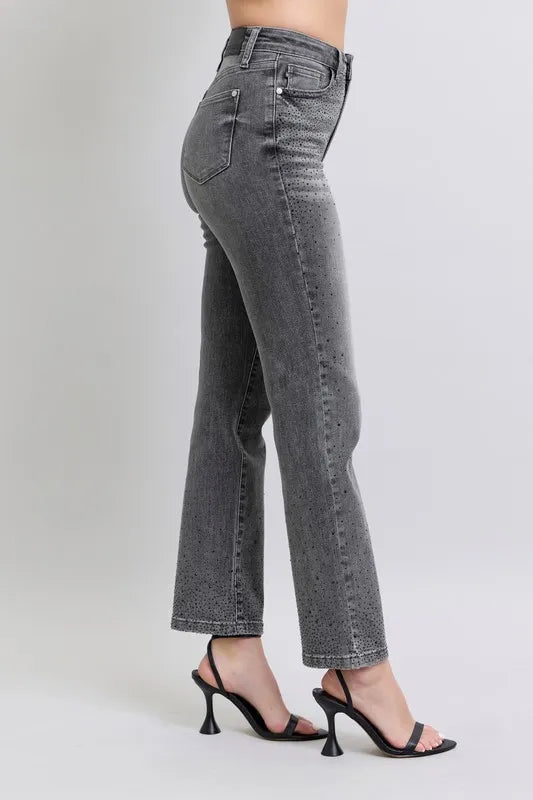 High Waist Rhinestone Straight Jeans