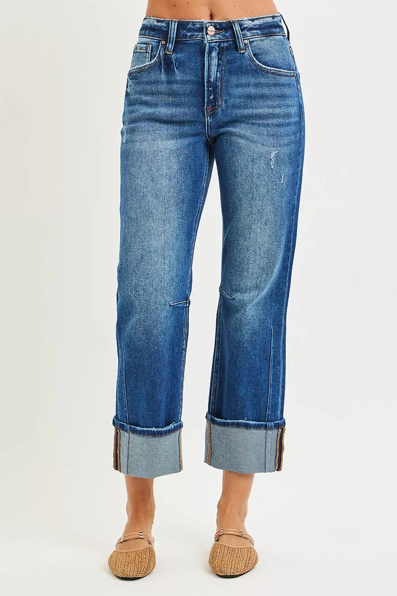 High Rise Straight Jeans with Distressed Hem