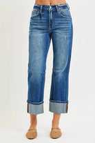High Rise Straight Jeans with Distressed Hem