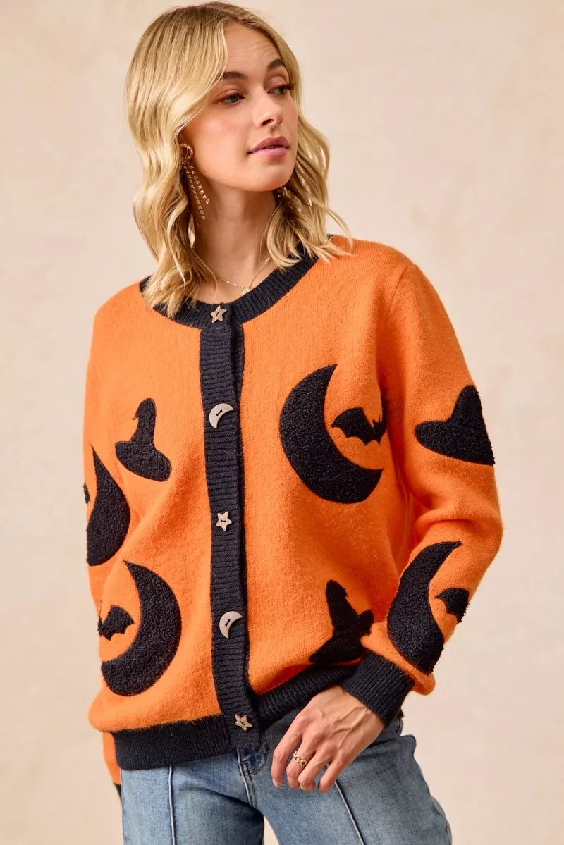 BiBi Halloween Witch Hat Moon Bat Artwork Cardigan