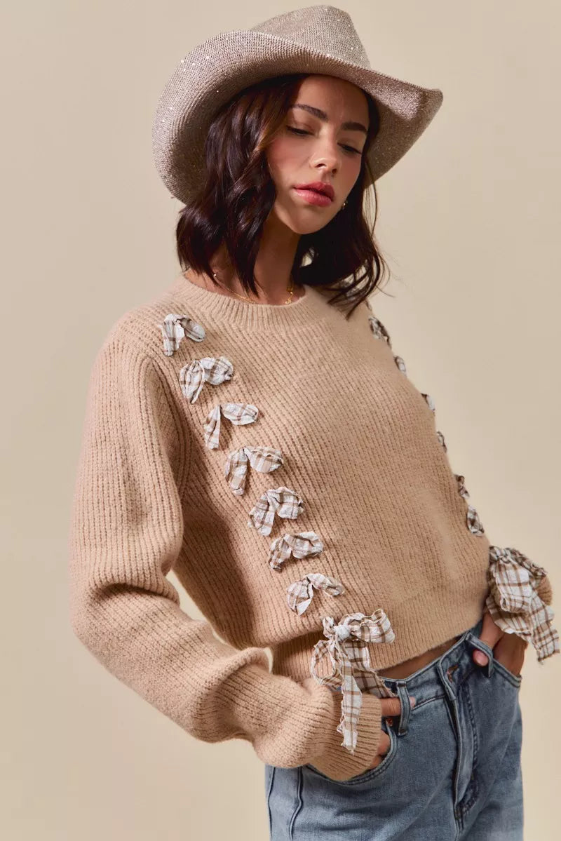 Plaid Tape Lace Up Ribbed Sweater