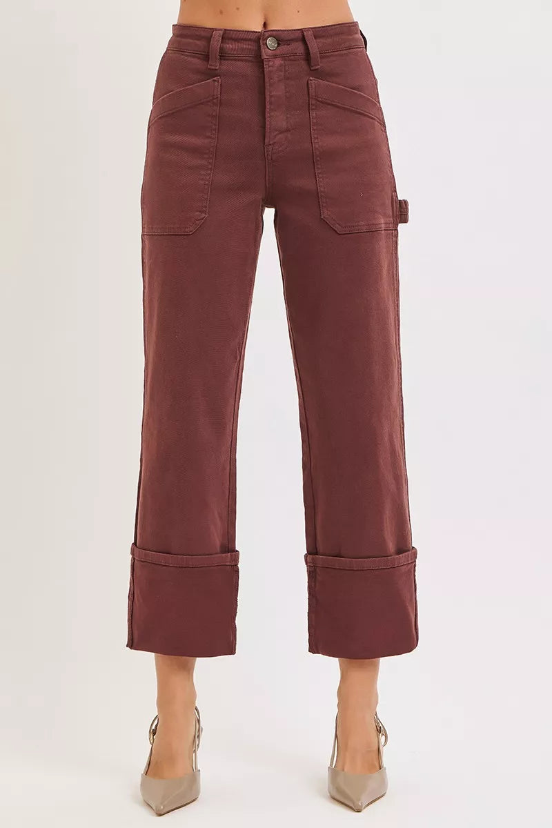 High Rise Wide Straight Cuffed Patch Jeans
