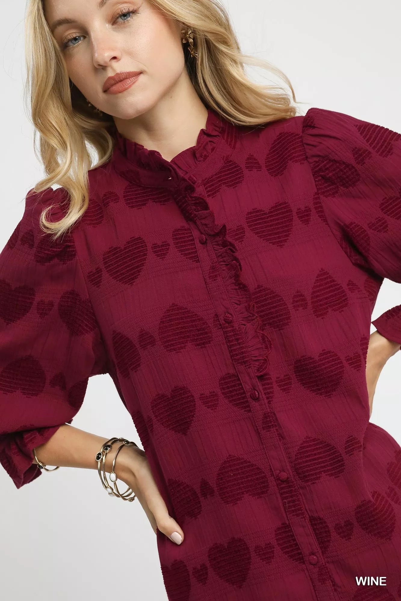 Heart Jacquard Ruffle Trim Shirt