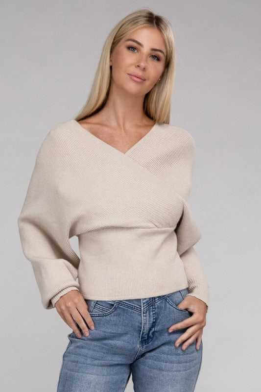 Zenana Viscose Cross Wrap Pullover Sweater