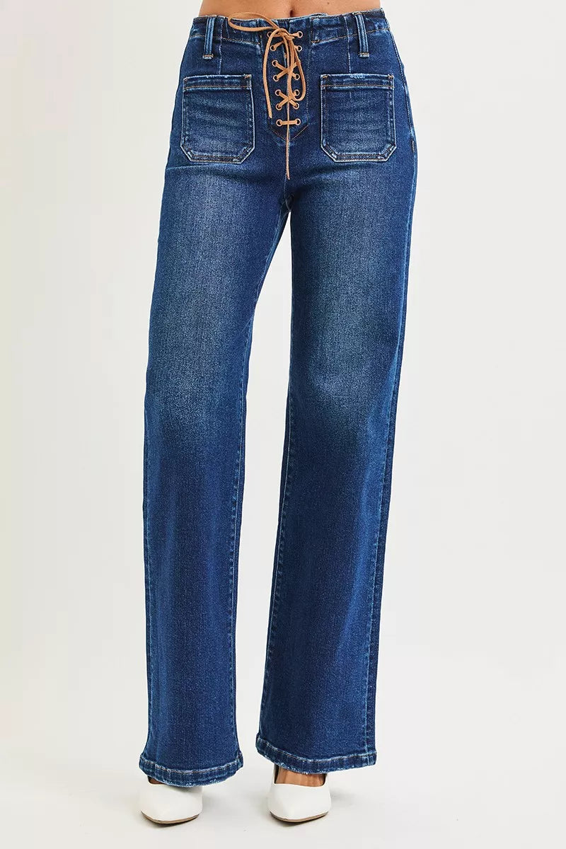 High Rise Wide Leg Jeans with Front Tie Detail