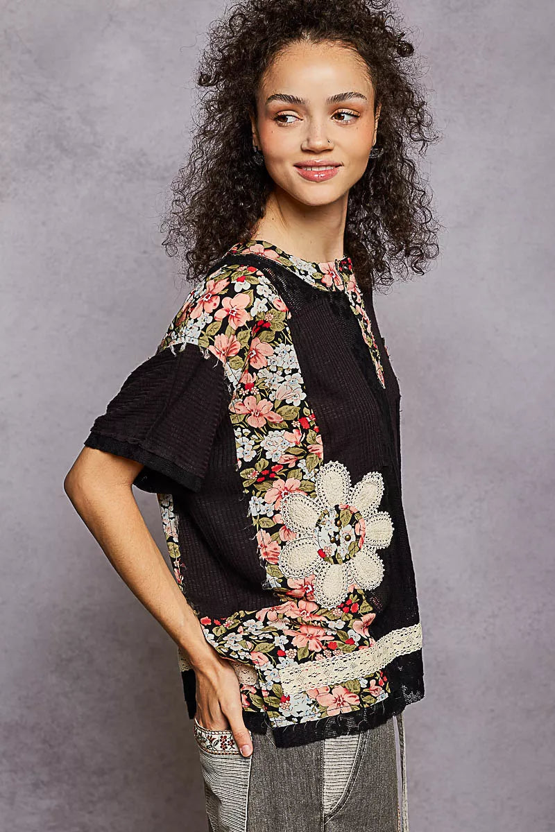 POL Lace Round Neck Short Sleeve Floral Pattern Top with Patch Detail