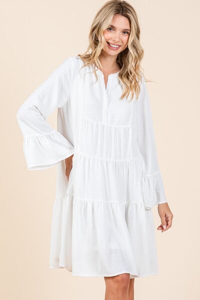 Tiered Notched Flare Sleeve Dress