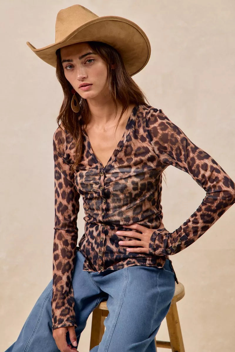 Leopard Printed Mesh Button Up Shirt