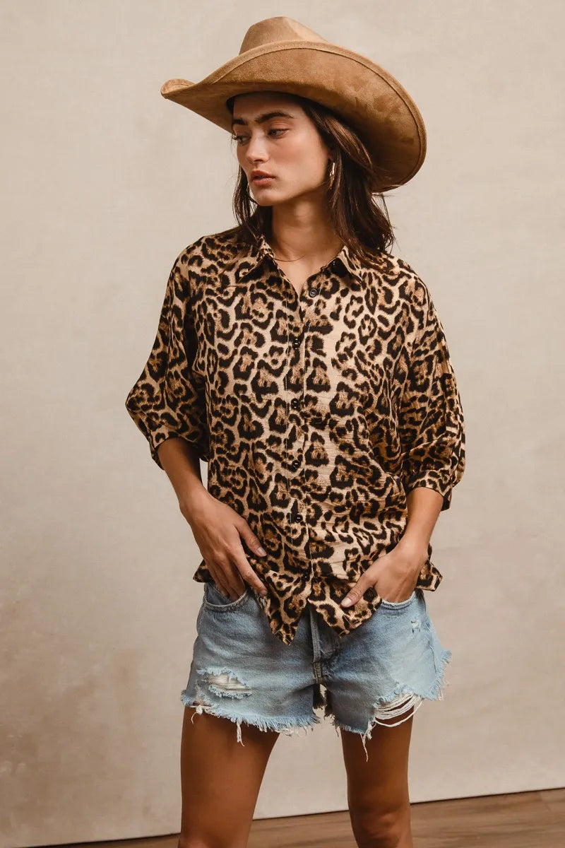 BiBi Leopard Prints Overseized Short Sleeves Top